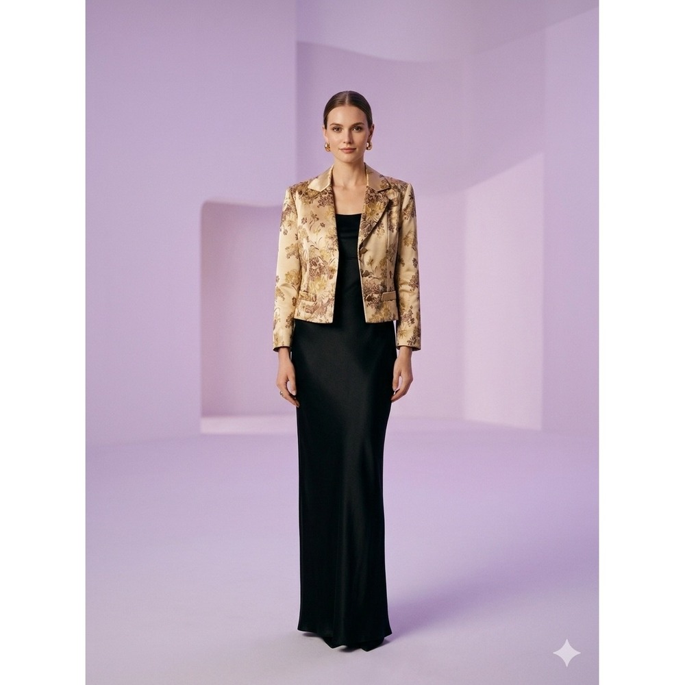 Newport News‎ Vintage Floral Jacquard Cropped Blazer Gold Bronze Satin Jacket 4
